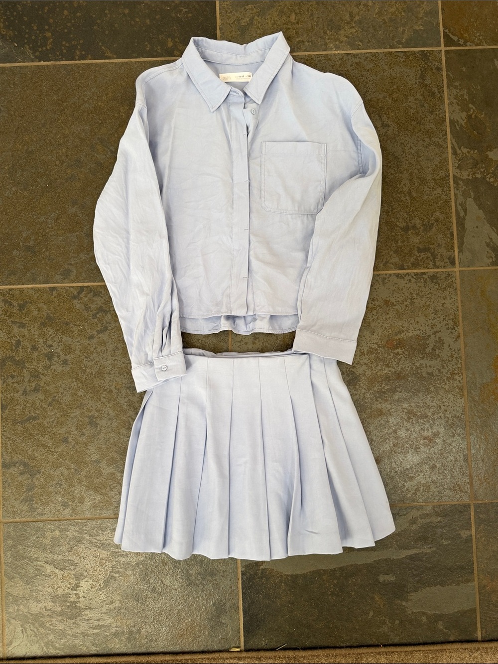 Zara Light Blue Girls Two-Piece Shirt and Pleated Skirt Set